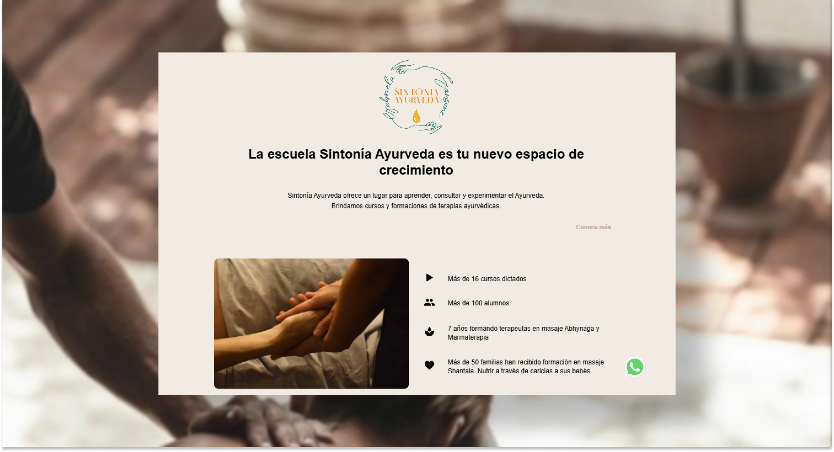 Captura de pantalla de la página principal de Sintonía Ayurveda