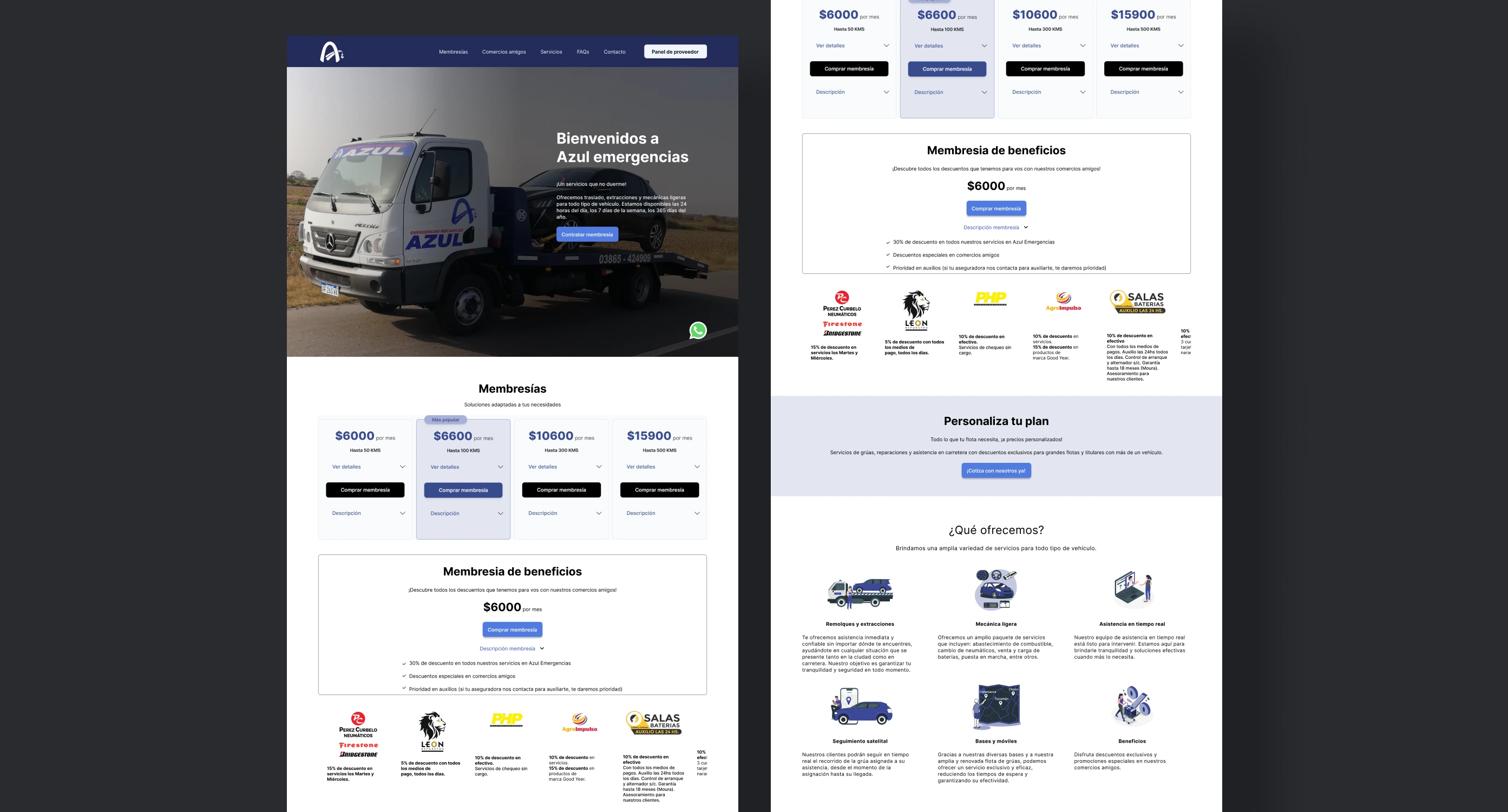 2 mockups scroll view de la vista de la página principal del sitio de Azul Emergencias Mecánicas, resaltando servicios, membresías y beneficios 2 mockups scroll view de la vista de la página principal del sitio de Azul Emergencias Mecánicas, resaltando servicios, membresías y beneficios