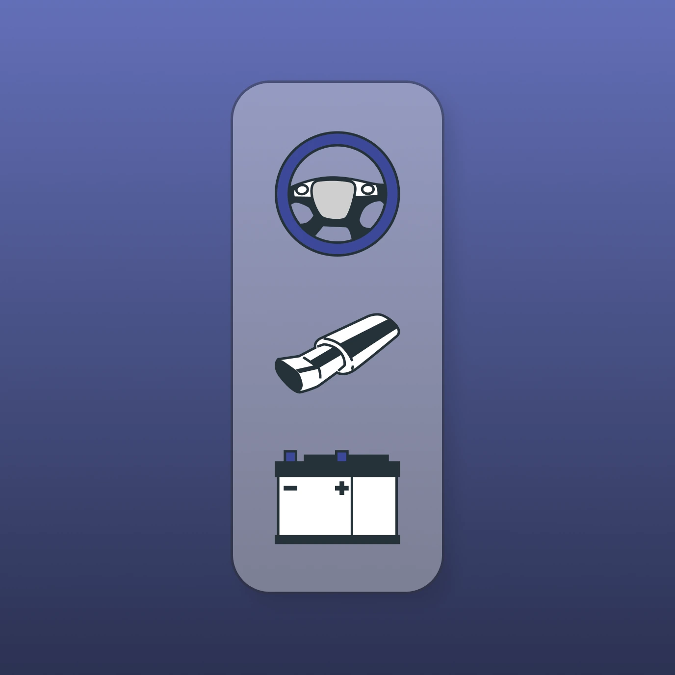 Ilustraciones de auto, volante, tubo de escapa, batería, usados en la plataforma de Azul Emergencias Mecánicas Ilustraciones de auto, volante, tubo de escapa, batería, usados en la plataforma de Azul Emergencias Mecánicas