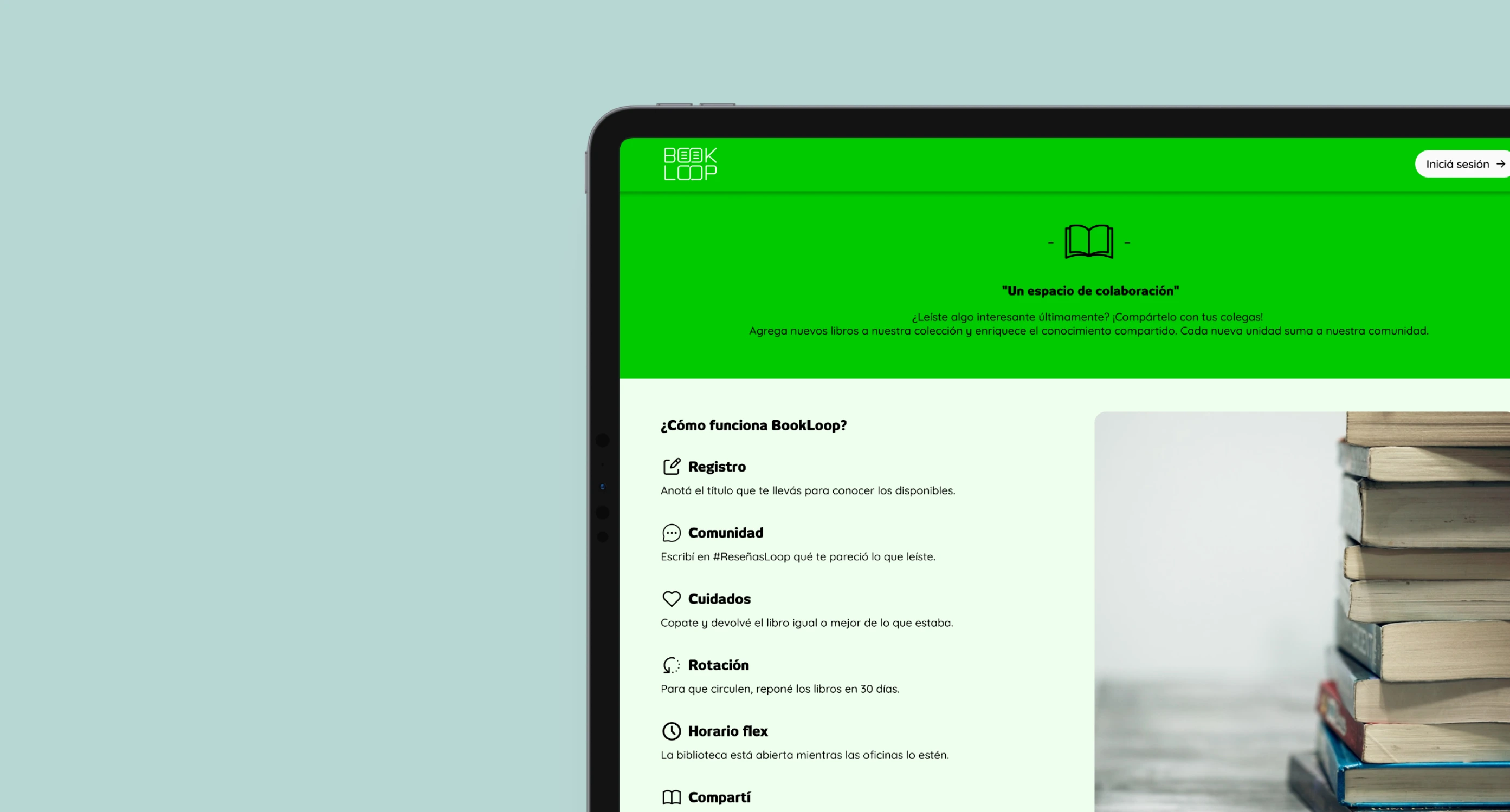 Vista cortada de un mockup de notebook mostrando la home page de la web de Bookloop Vista cortada de un mockup de notebook mostrando la home page de la web de Bookloop