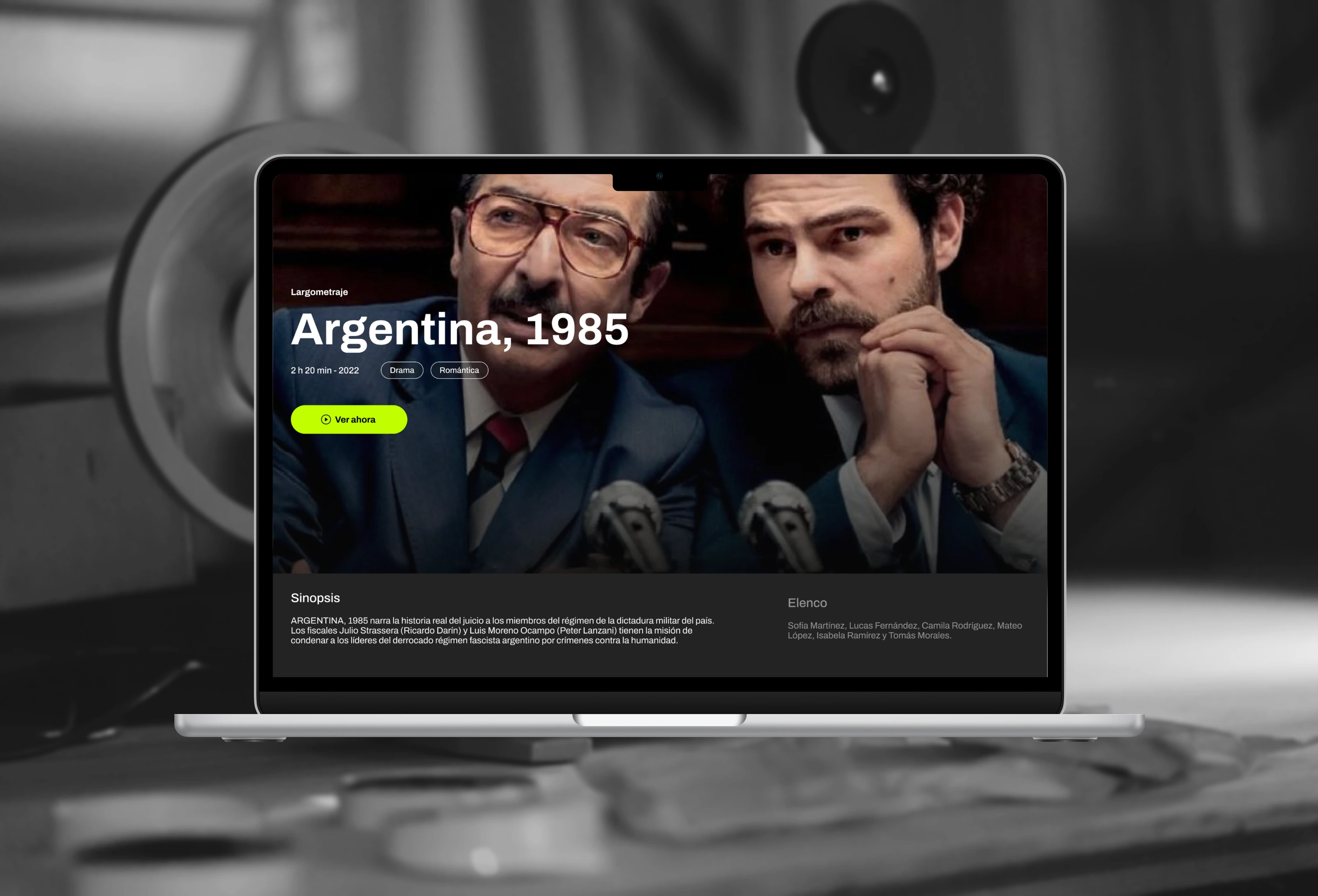 Captura de pantalla diseño plataforma de streaming exhibiendo la pelicula "Argentina, 1985"