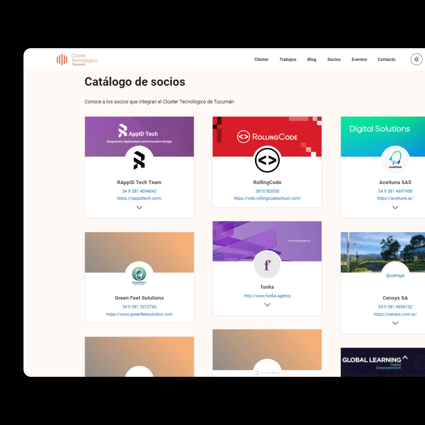 Pagina de catálogo de socios del Cluster en su sitio web Pagina de catálogo de socios del Cluster en su sitio web