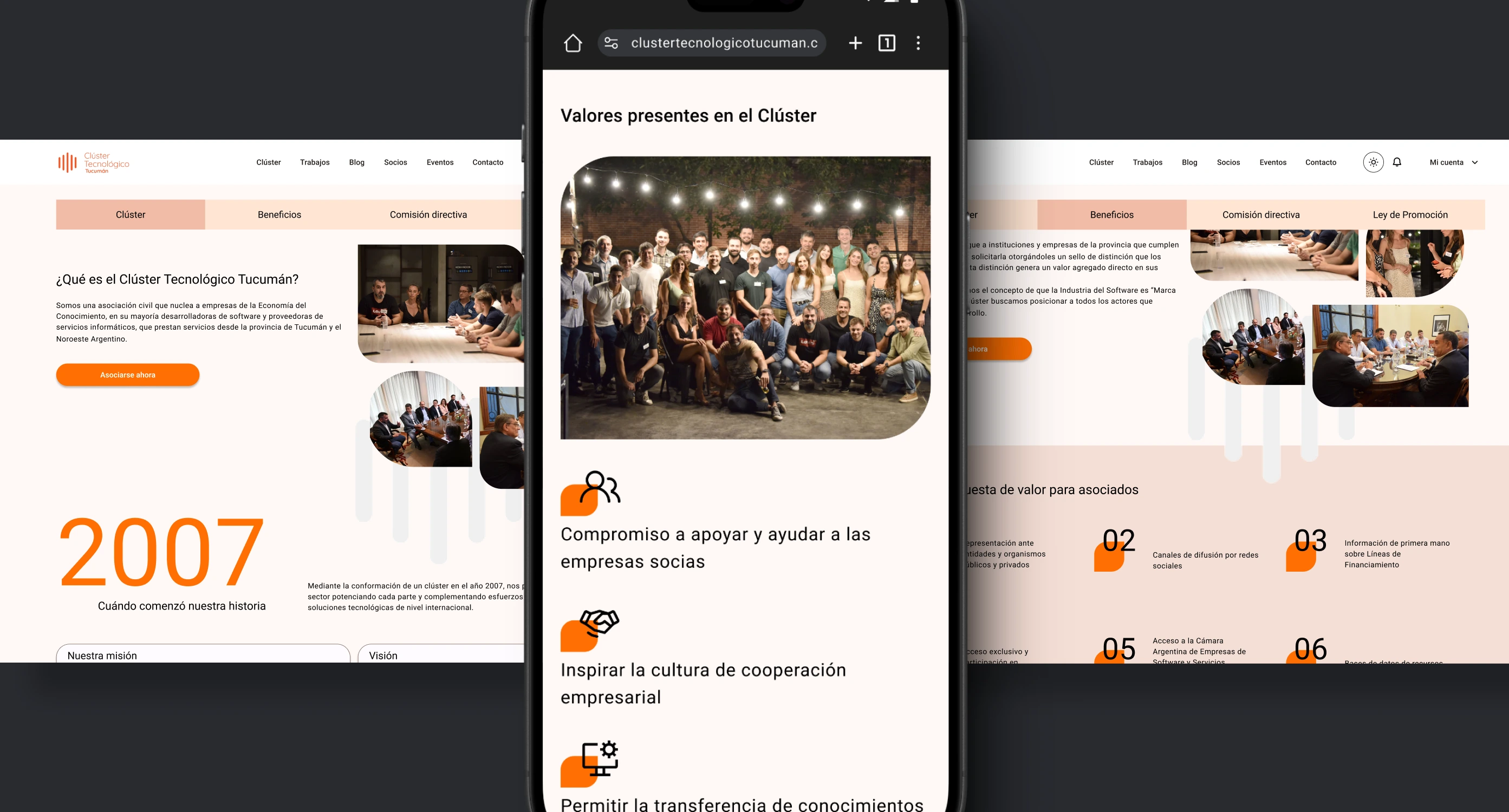 Mockup de la página del Cluster Tecnológico Tucumán y de fondo capturas de pantalla de la web en version escritorio Mockup de la página del Cluster Tecnológico Tucumán y de fondo capturas de pantalla de la web en version escritorio