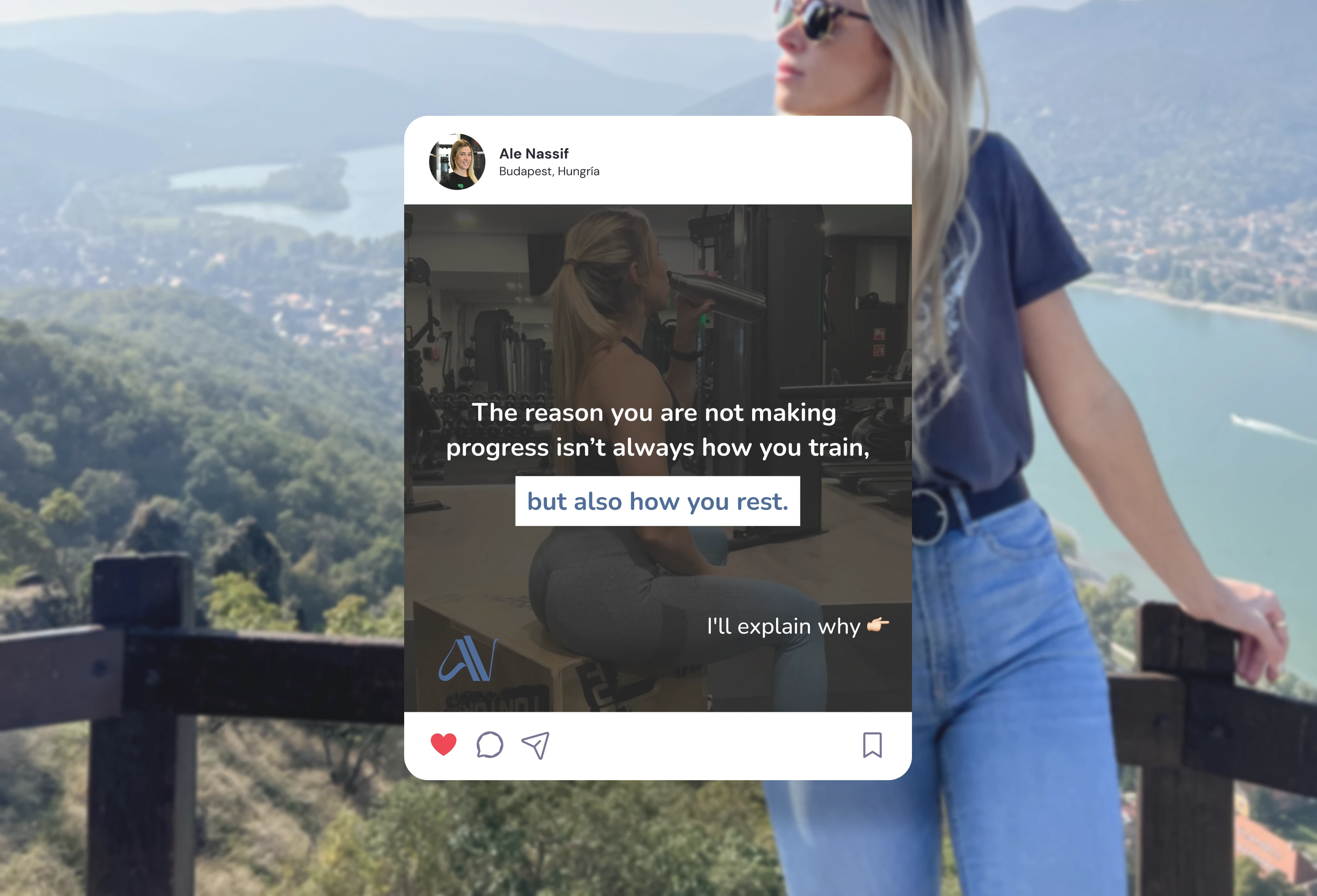 Alejandra Nassif de fondo en un paisaje con un posteo de su Instagram destancando Alejandra Nassif de fondo en un paisaje con un posteo de su Instagram destancando